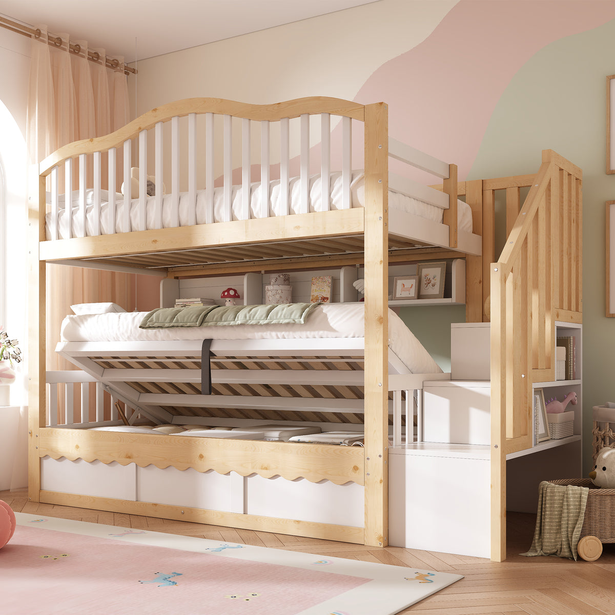 Children's Bunk Bed 90x200 with Storage & Stairs, White & Oak