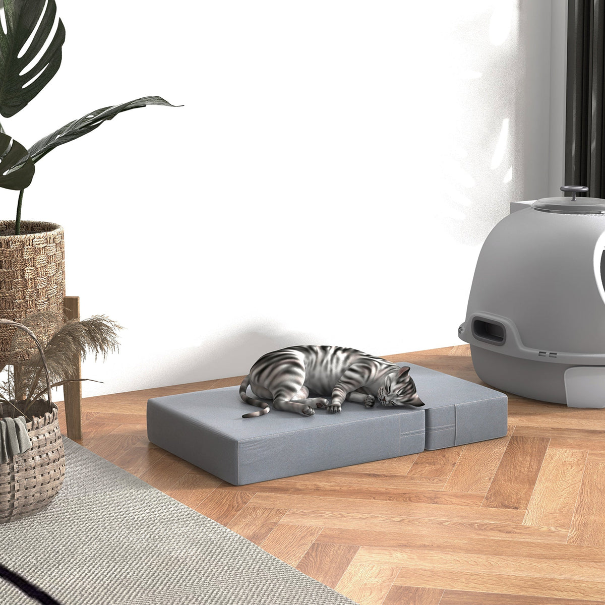 Pet Stairs, 2 Steps Foldable, Dog Stairs, Grey PU Leather