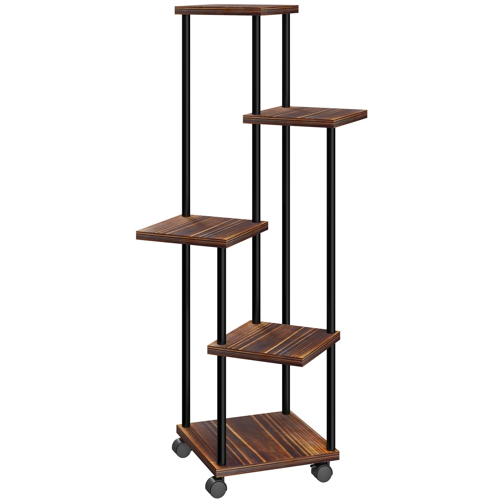 5-Tier Plant Stand, Wheels, 110cm High, Steel Wood, Charred