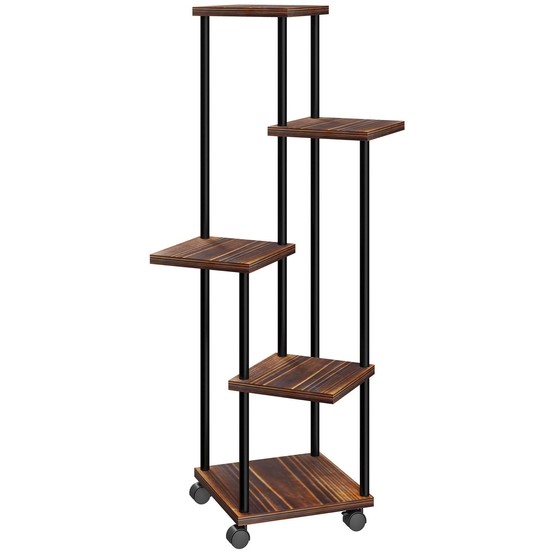 5-Tier Plant Stand, Wheels, 110cm High, Steel Wood, Charred