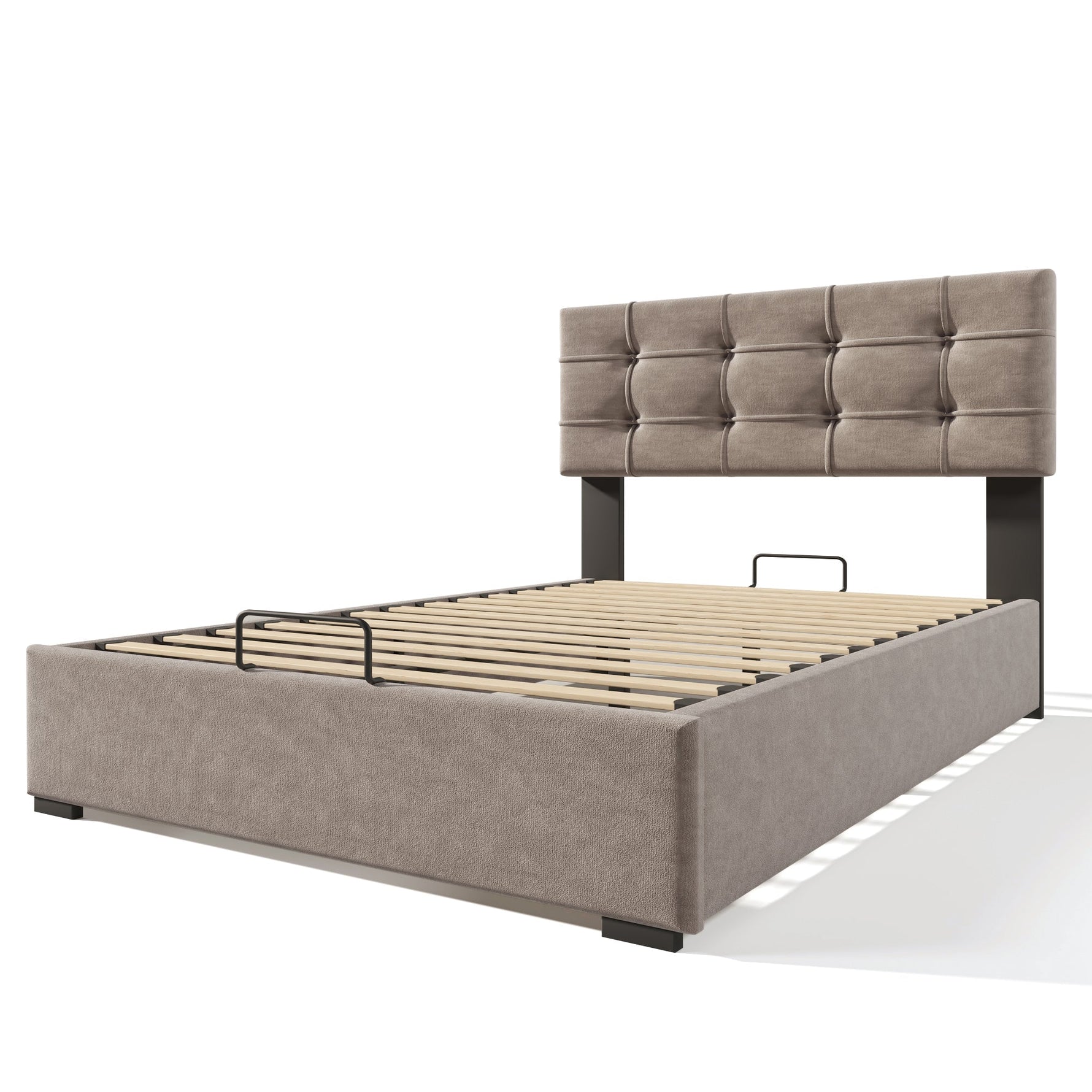 Hydraulic Double Upholstered Bed, 140x200cm with Adjustable Headboard, Metal Slatted Frame, Velvet Light Grey