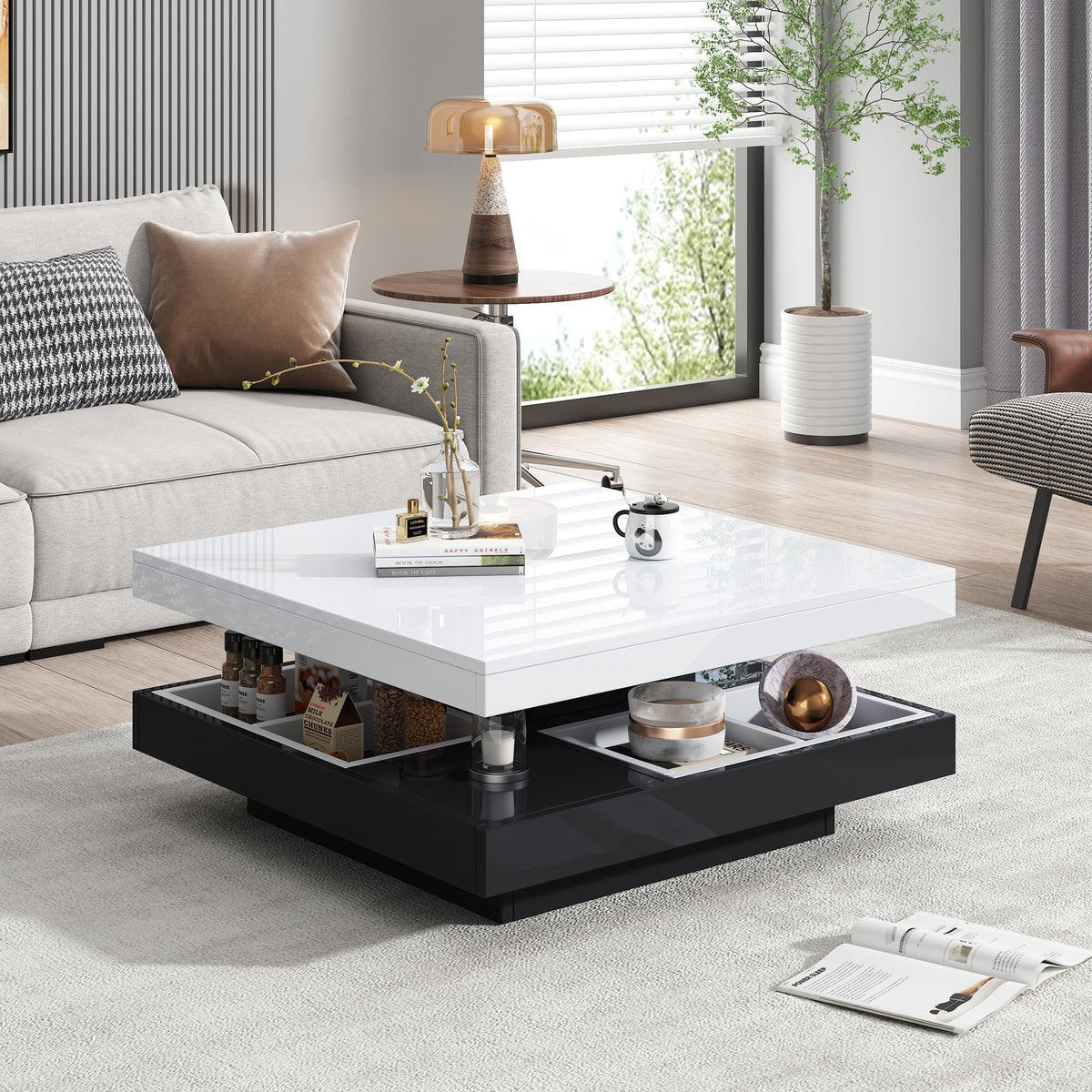 High-gloss tabletop coffee table, 360° rotatable, 2-tier with storage, white and black