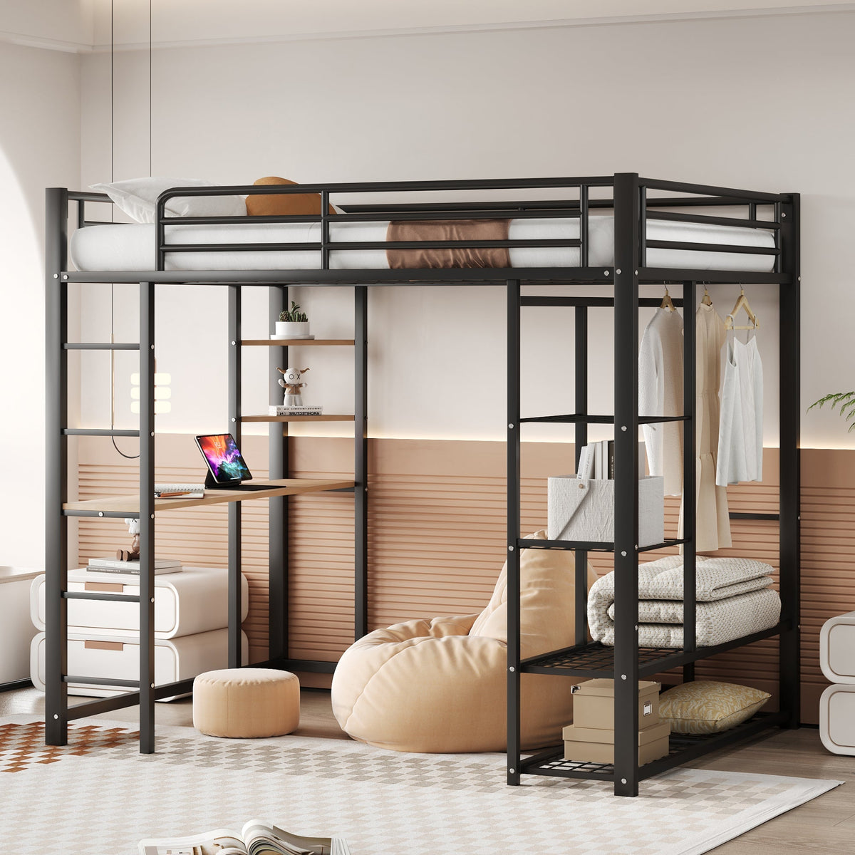 Metal Loft Bed, 140x200 cm, with Ladder, Table, and Storage, Black