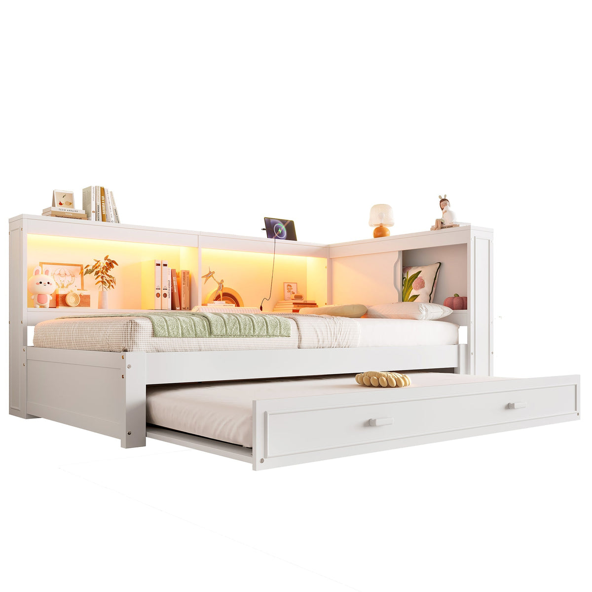 Daybed Sofa Bed, 90x200cm Pull-out LED/USB/Type-C Port, White