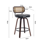Set of 2 Counter Height Bar Stools with Swivel and Rattan Cane Back, Walnut Black