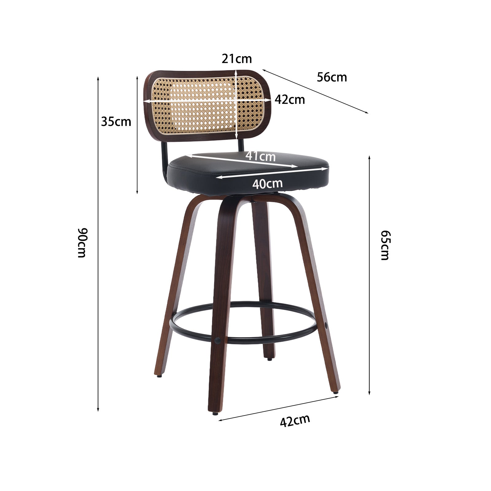 Set of 3 Counter Height Bar Stools Swivel Rattan Cane Back 26 inch Upholstered Seat Walnut Black