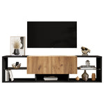 TV Console Cabinet, 3-Tier with Glass Shelf and 2 Drawers, Black