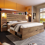 Wooden Double Bed with LED Downlights, USB-C, Floating Bedside Tables and Drawers, 180x200cm, Oak Look