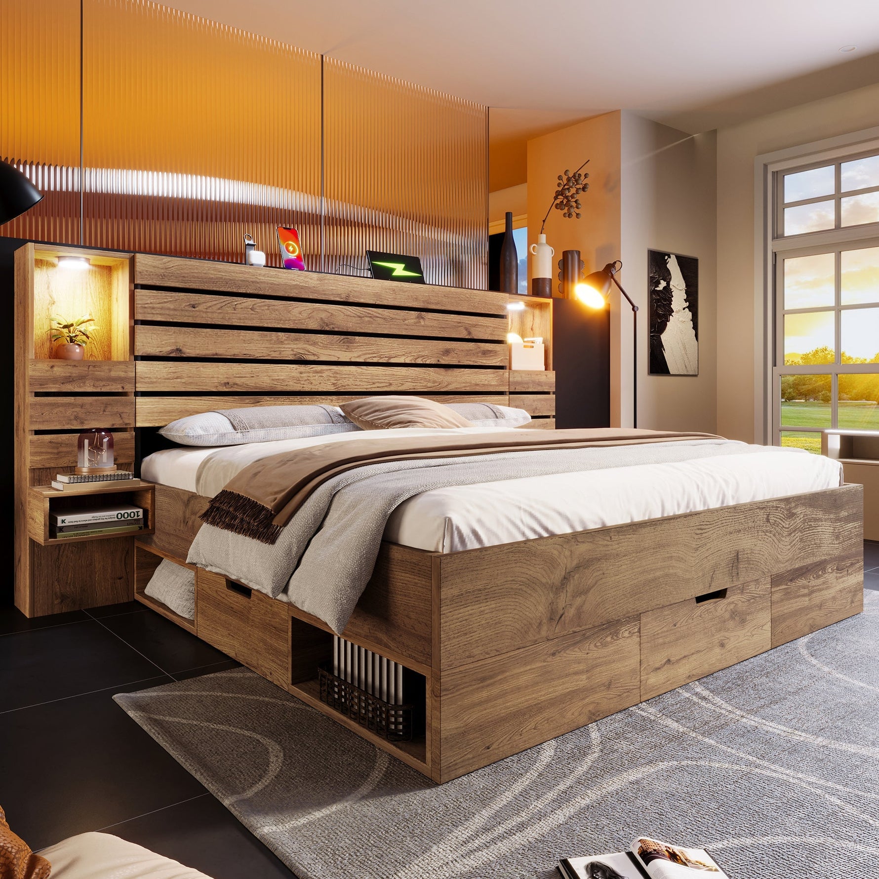 Wooden Double Bed with LED Downlights, USB-C, Floating Bedside Tables and Drawers, 180x200cm, Oak Look