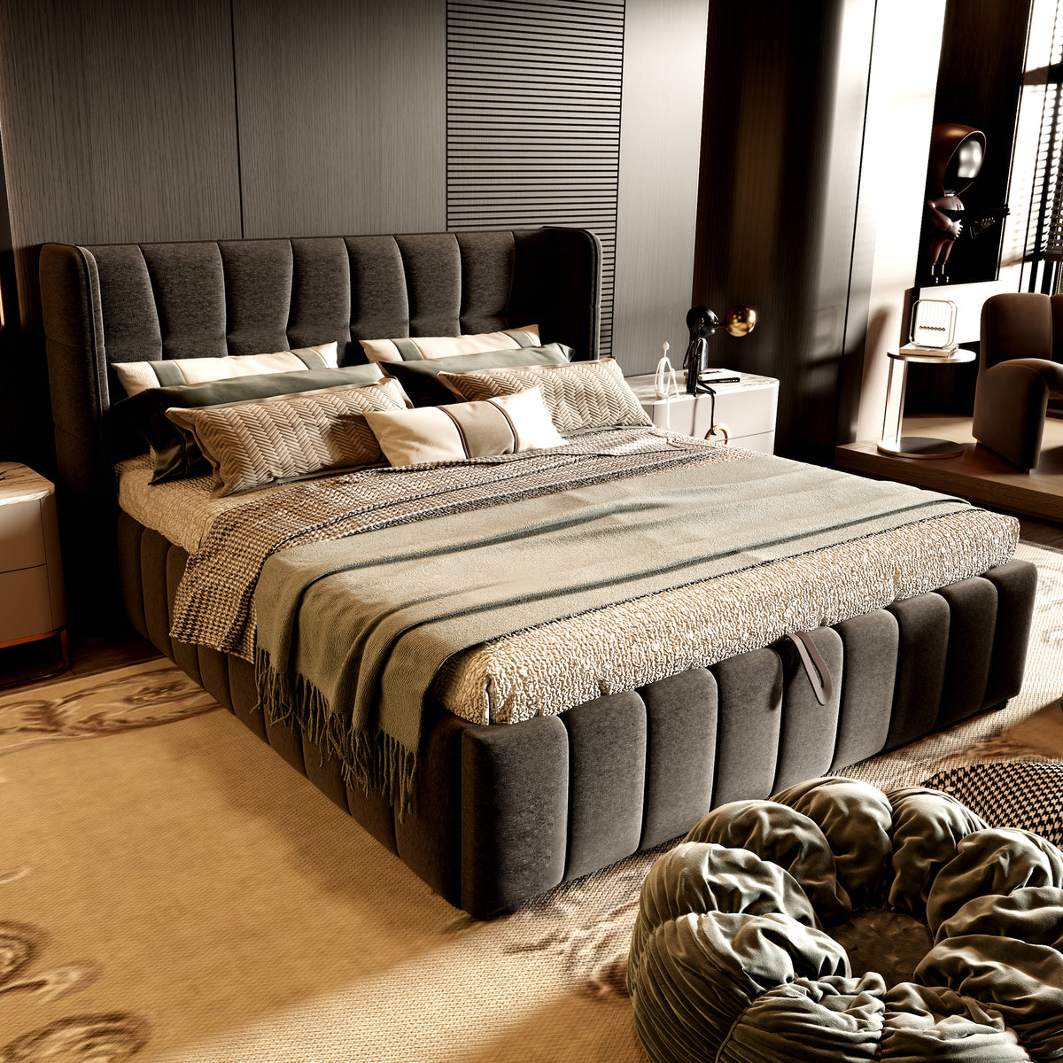 Upholstered Double Bed with LED, USB & Storage, 160x200, Linen