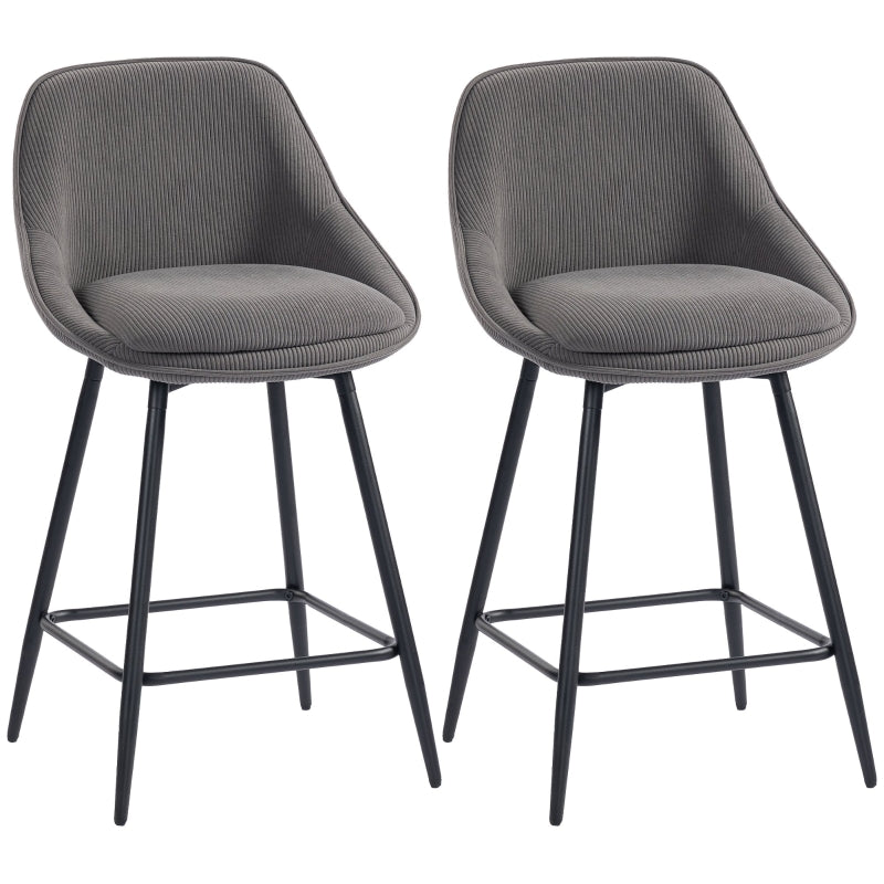 Set of 2 Bar Stools, Upholstered for Kitchen Island & Dining Room, Corduroy & Steel, Grey