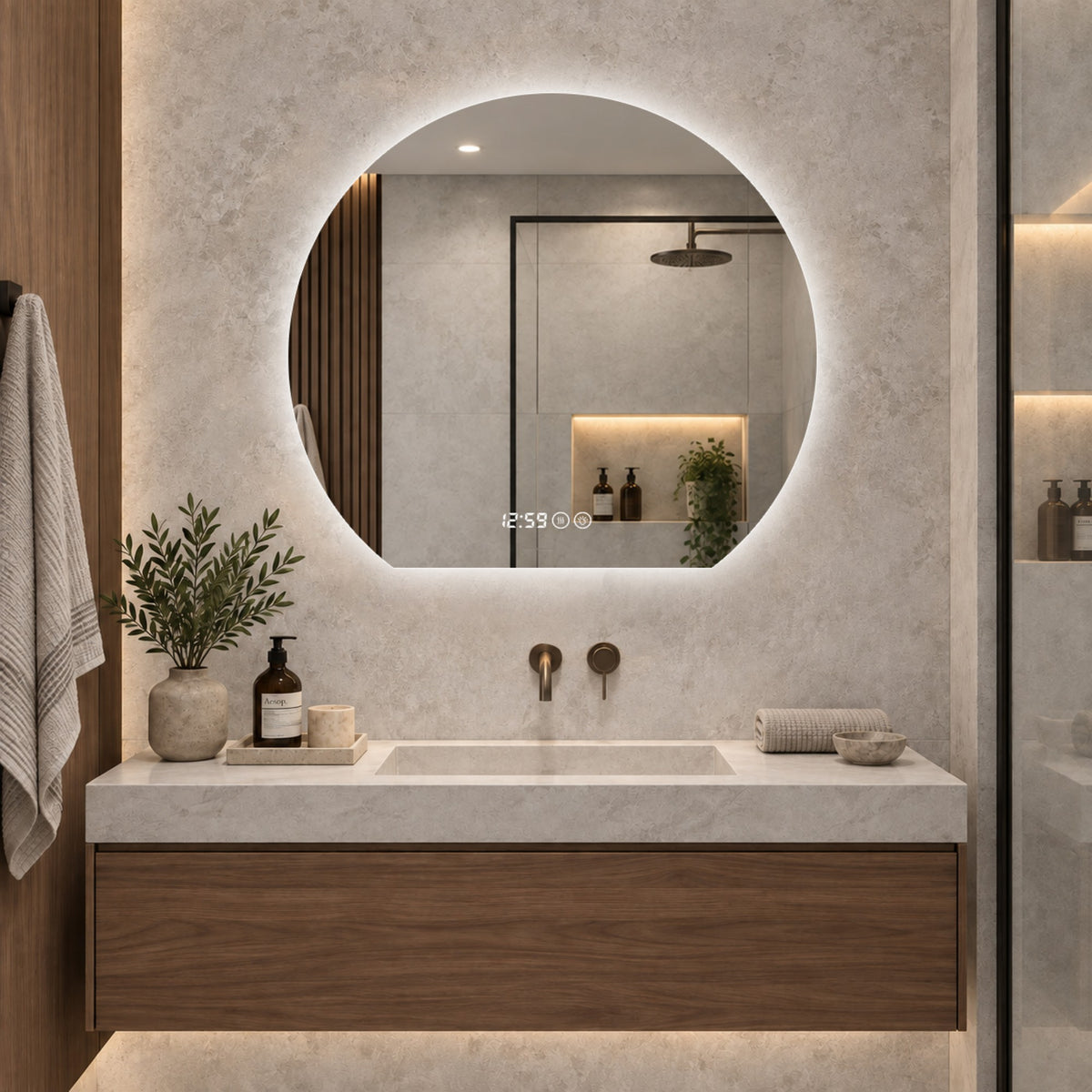 LED Bathroom Mirror 80 cm, Dimmable Anti-Fog Clock, Silver Glass