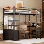 Loft Bed 90x200cm with Desk, Outlets & Shelves, Black Iron