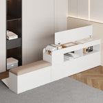 Solid Wood Combination Bed 140x200cm, Storage Headboard, Drawers, Nightstand, Wardrobe, Sofa Bench, White