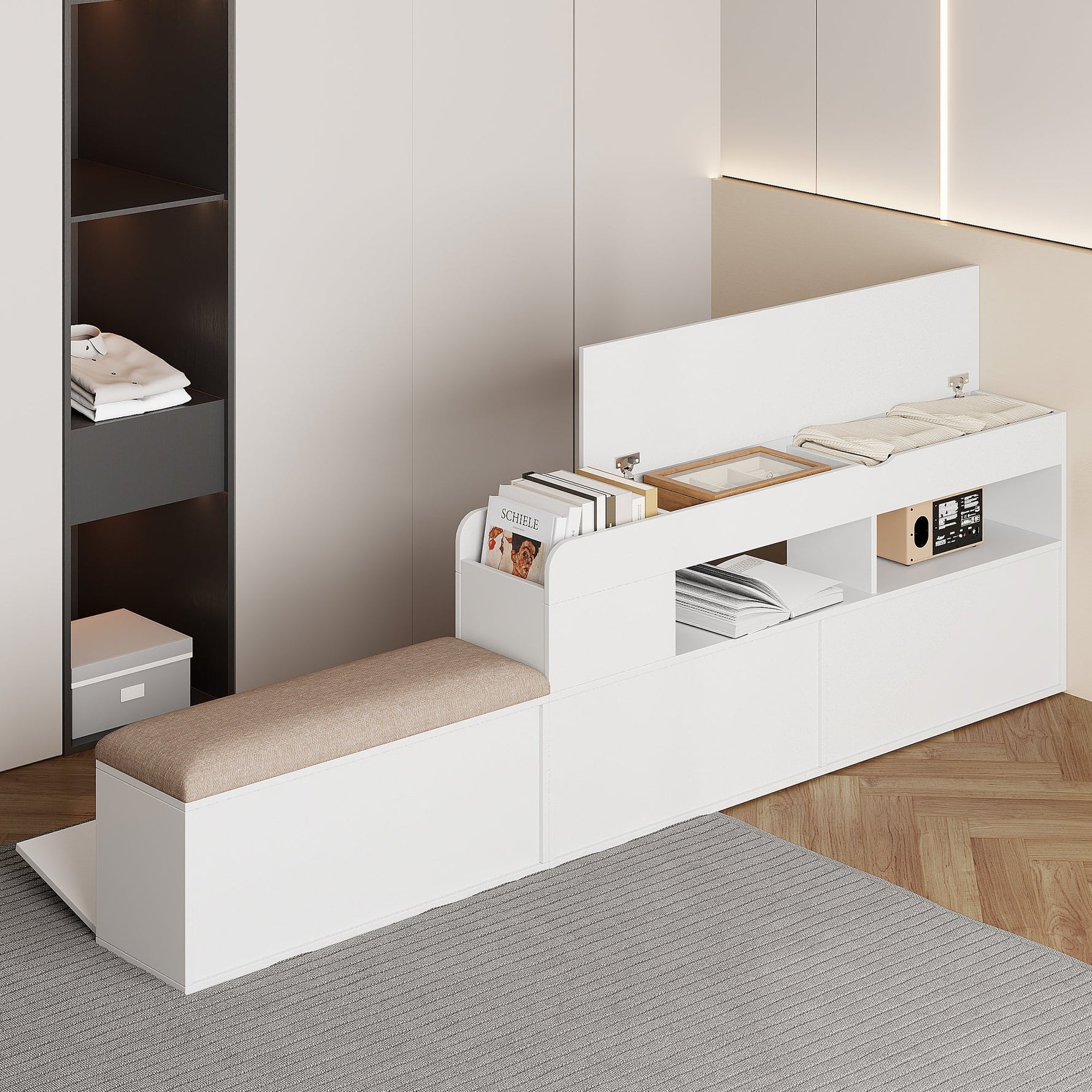 Solid Wood Combination Bed 140x200cm, Storage Headboard, Drawers, Nightstand, Wardrobe, Sofa Bench, White