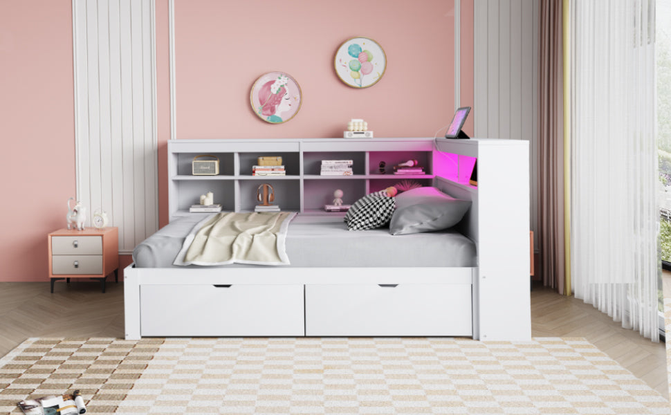Solid Wood Sofa Bed 90x200cm Multifunctional USB/LED Storage, White