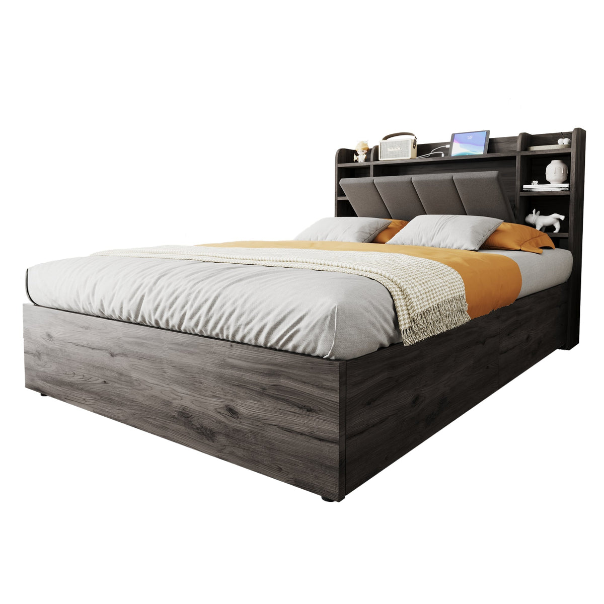 Wooden Bed, 140x200cm Hydraulic with Storage Headboard, USB & Type-C Socket, Grey