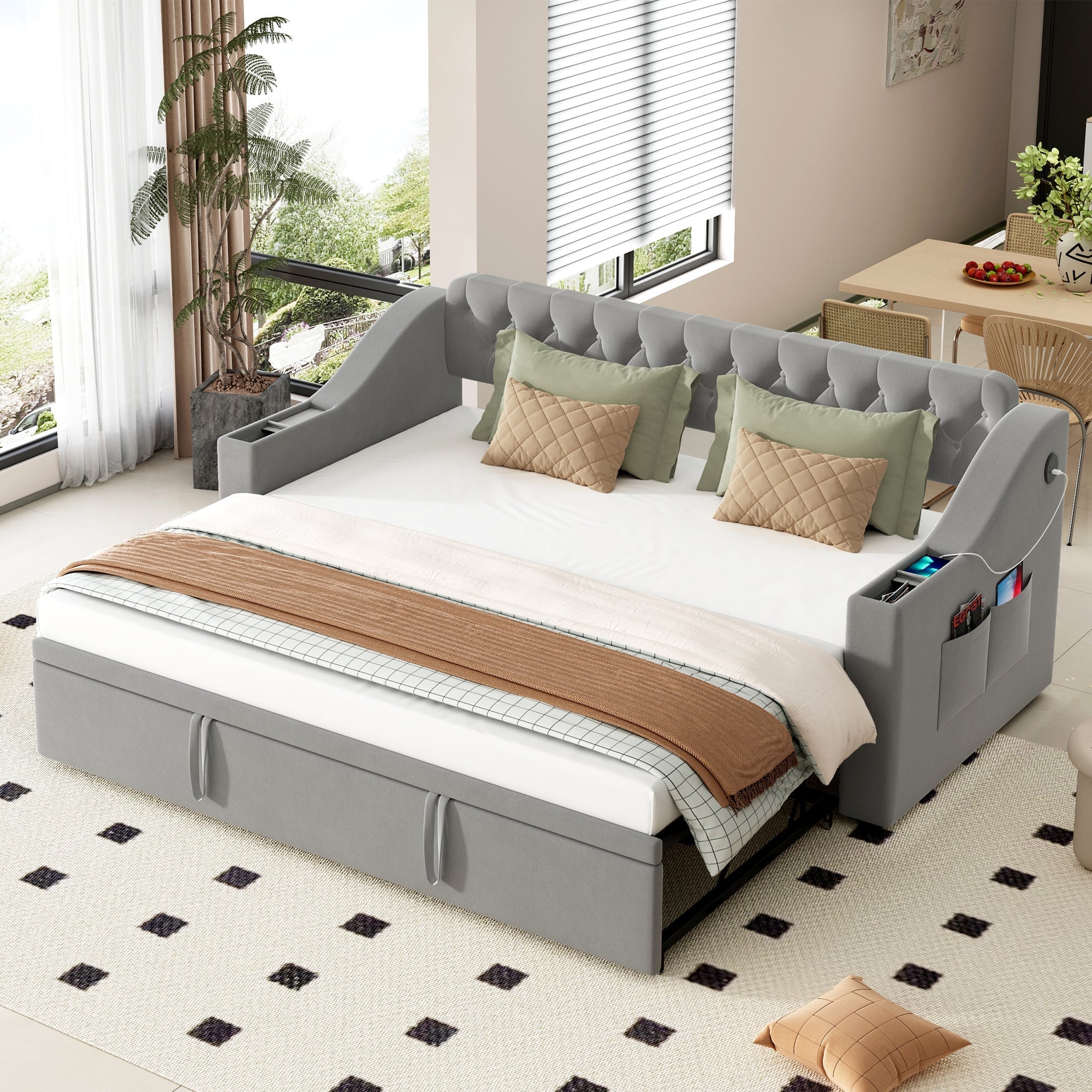 Upholstered Sofa Bed with USB Charging Port, Storage, Slatted Frame, Velvet Fabric, Grey