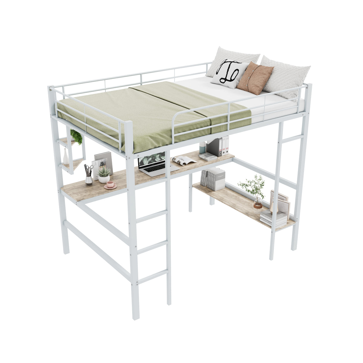 Loft Bed 140x200cm Frame with Desk & Shelves, White Metal