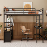 Loft Bed 90x200cm with Desk, Outlets & Shelves, Black Iron
