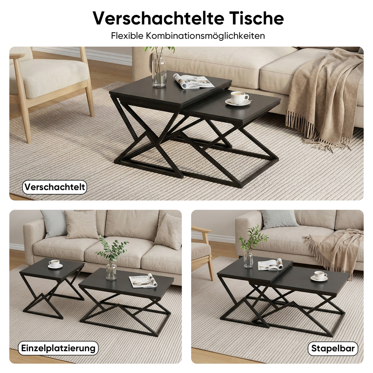 Geometric Coffee Table, Industrial Side Table with Metal Frame, Black Wood Top