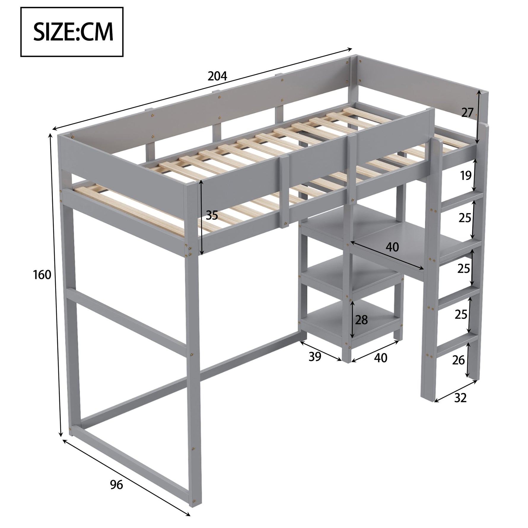 Loft Bed with Storage, 90x200cm, Slatted Base, Solid Pine Wood Grey