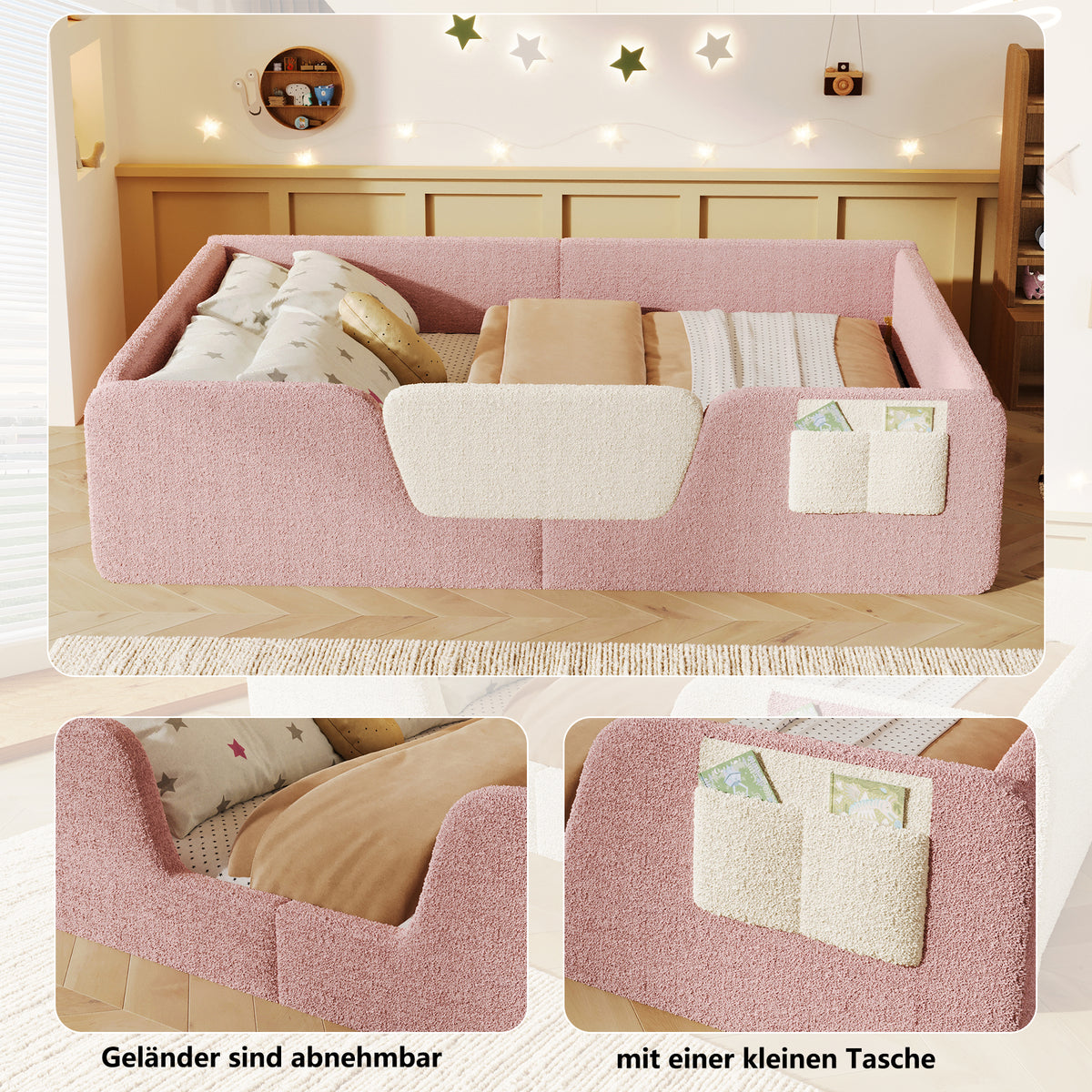 Upholstered Bed 140x190cm with Safety Rails, Pink Velvet