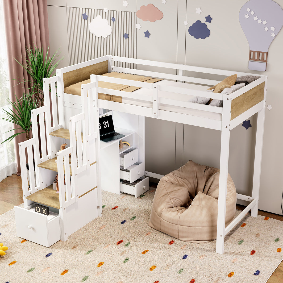 Wooden Mid-Sleeper Bed 90x200cm with Desk & Drawers, White & Natural