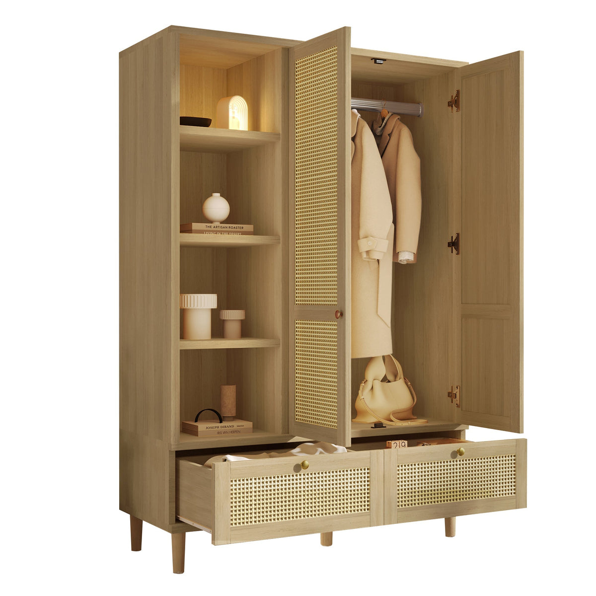 Wardrobe with 2 Doors, Rattan Weave, Shelves, Clothes Rail and 2 Drawers, Oak Look