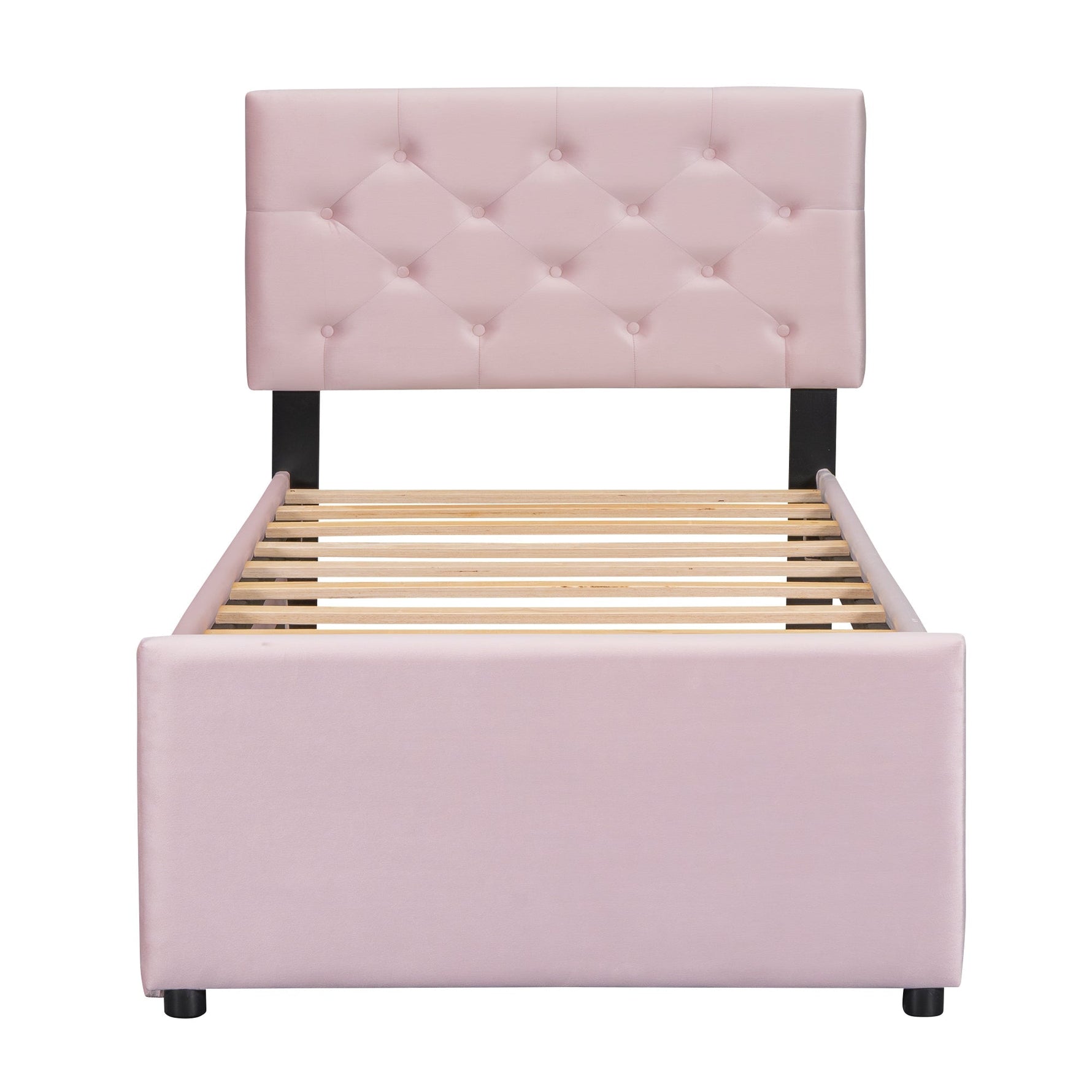 Upholstered Bed 90x200cm with Slatted Base and Rolling Storage, Pink Velvet