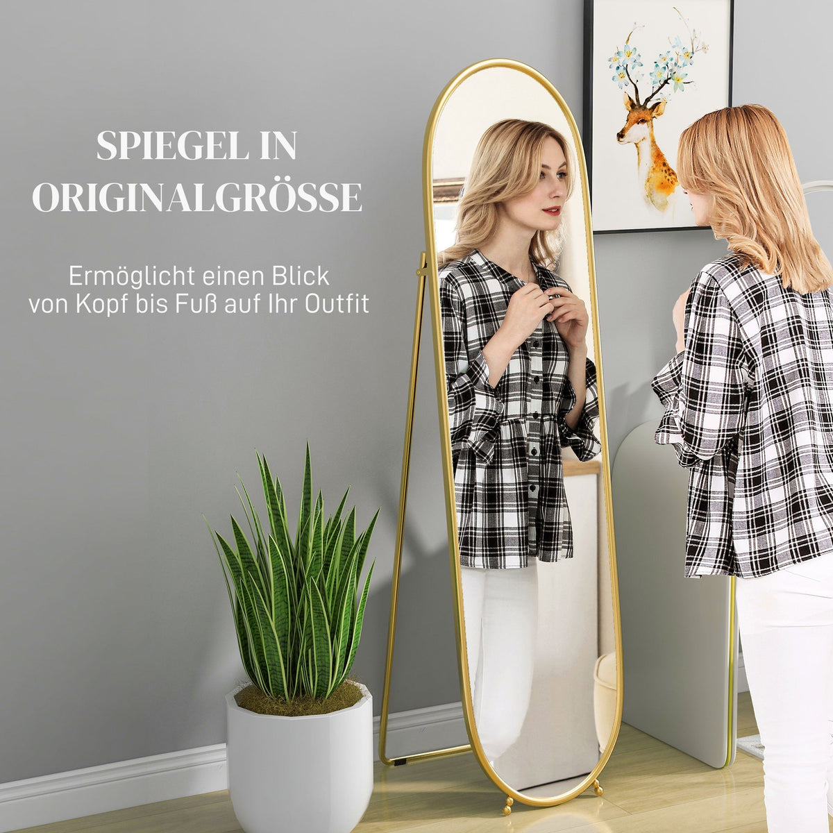 Full-Length Mirror, Oval Standing Wall with Stand, Metal Gold