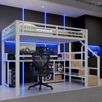 Loft Bed 140x200cm with Ladder Cabinet & LED, White Metal