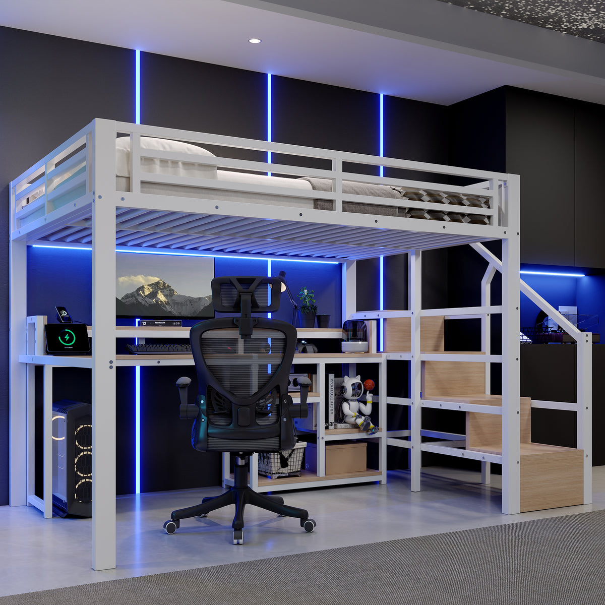 Loft Bed 140x200cm with Ladder Cabinet & LED, White Metal
