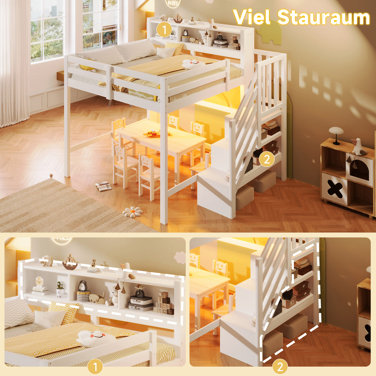 Loft Bed 140x200cm with LED Lights & Storage Ladder, White