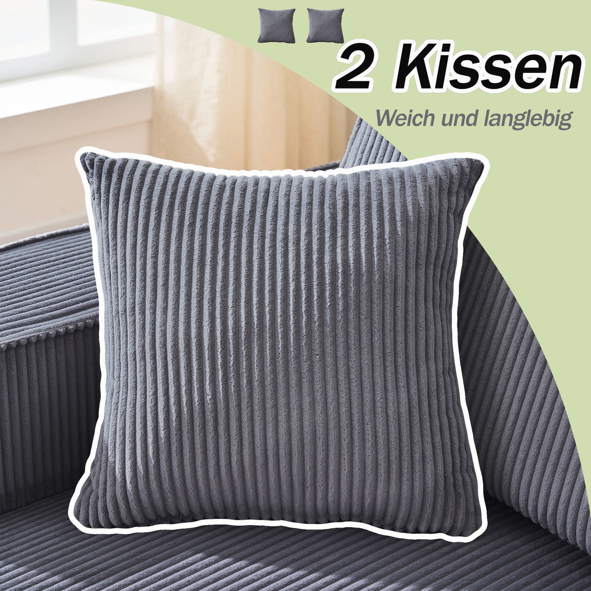 Modular L-Shaped Sofa with Chaise Longue and High-Density Foam, Gray Corduroy