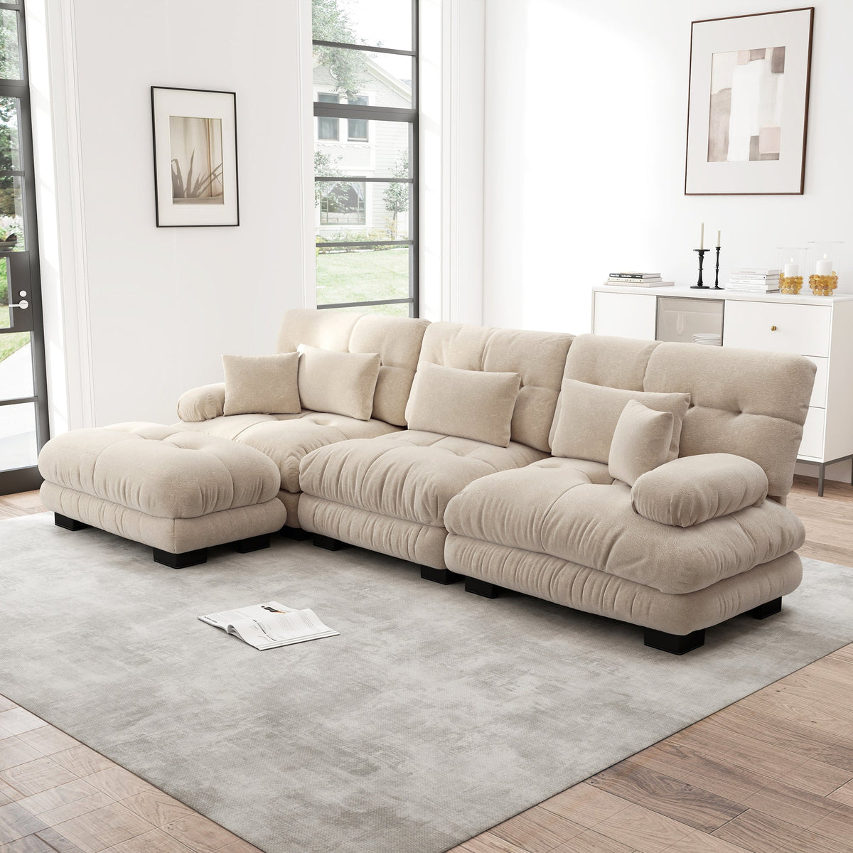 Luxurious Modular Corner Sofa L-Shaped Deep Sleeper Ottoman, Corduroy Chenille Light Brown