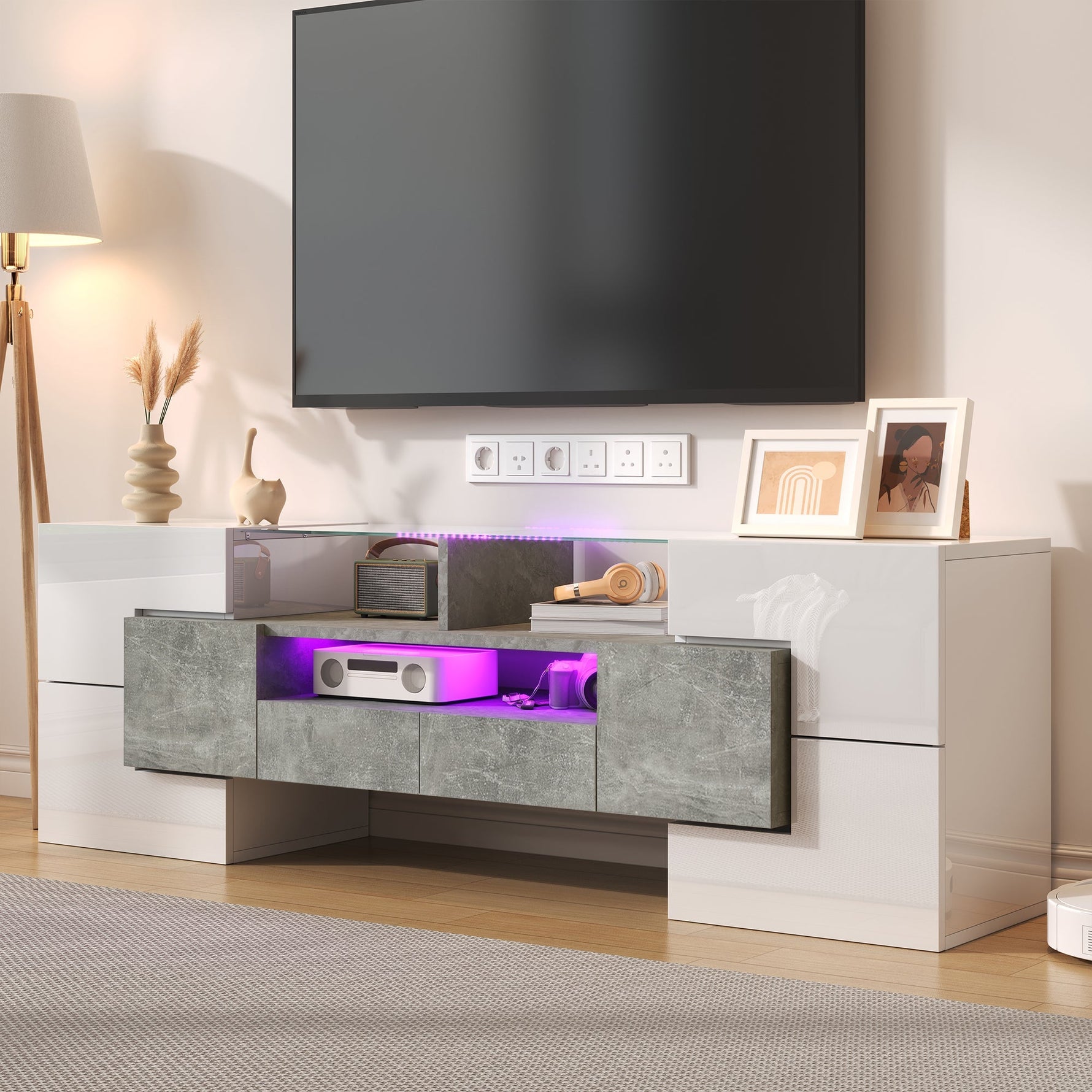 TV Cabinet Lowboard 145cm LED Lighting Modern High-Gloss White