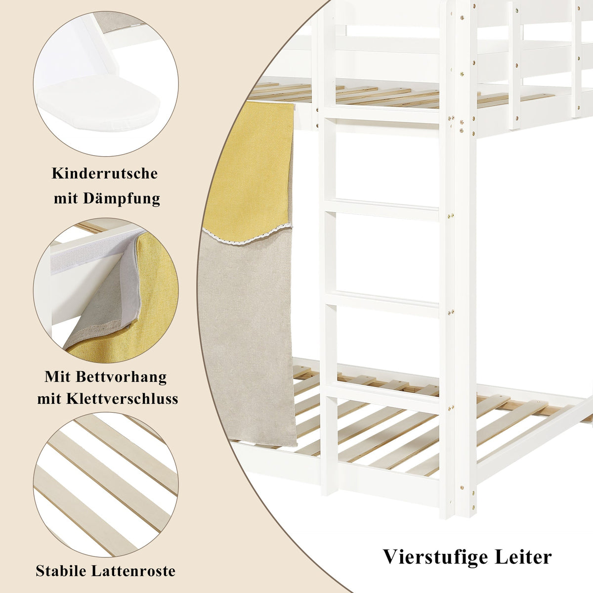 Bunk Bed 90x200cm with Stairs Slide and Curtain - White MDF/Pine