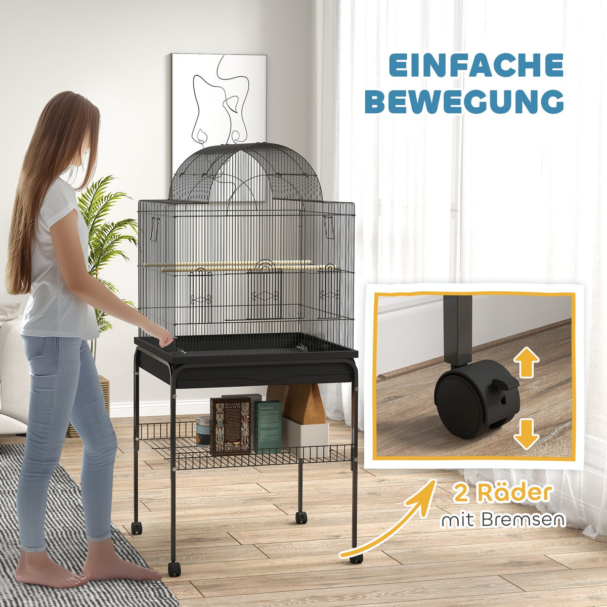 Large Bird Cage Tray Shelf Feeding Station Wheels Steel Black