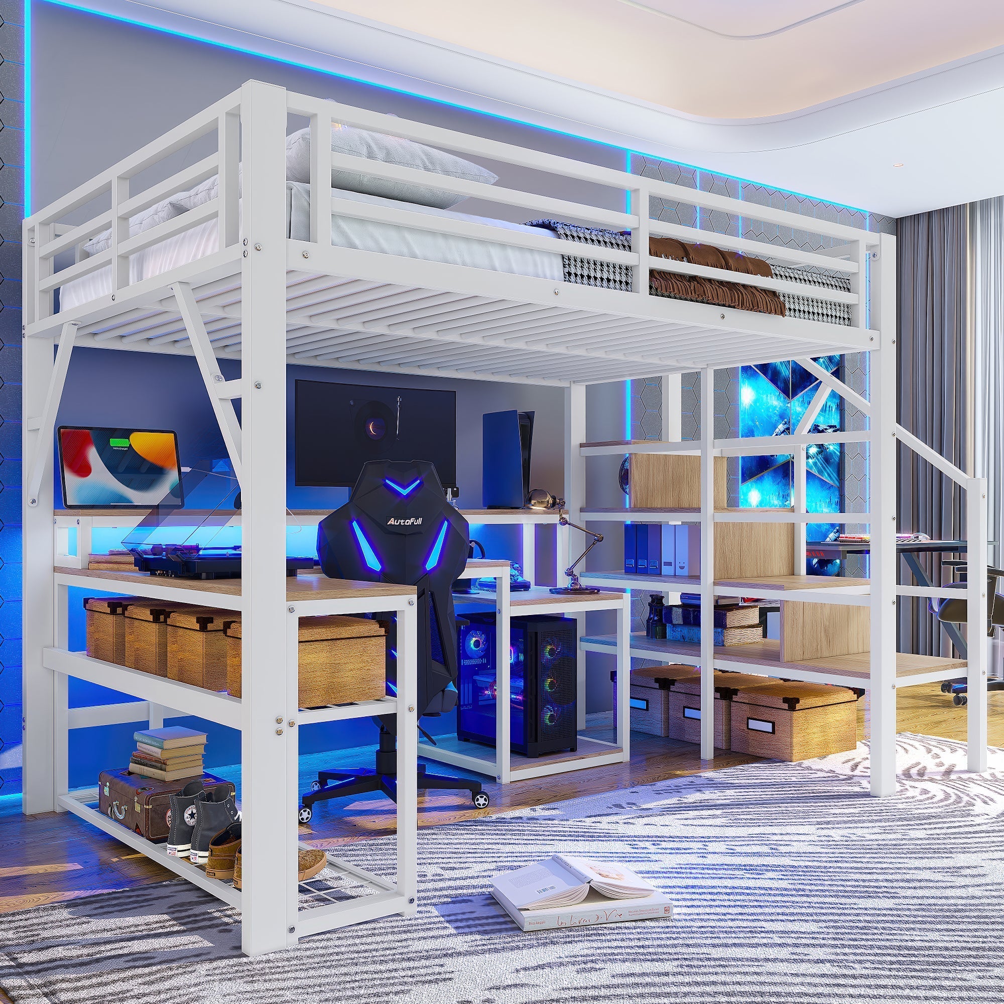 Loft Bed with Desk, LED Lighting and Storage Staircase, 140 x 200 cm, White