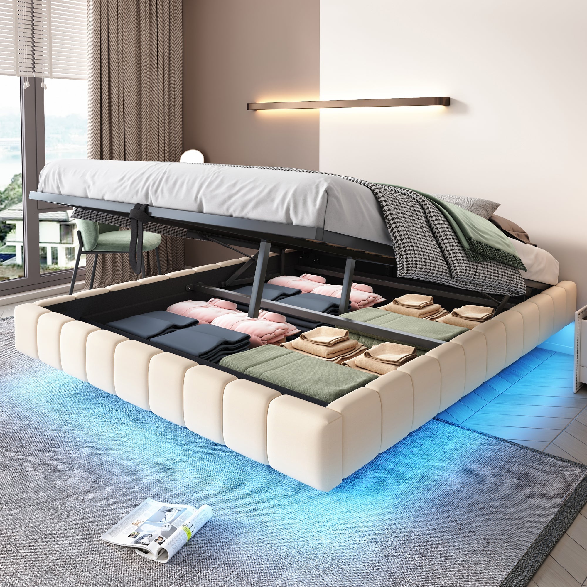 Upholstered Bed 160x200cm Hydraulic Floating Frame Storage LED Light, Linen Beige