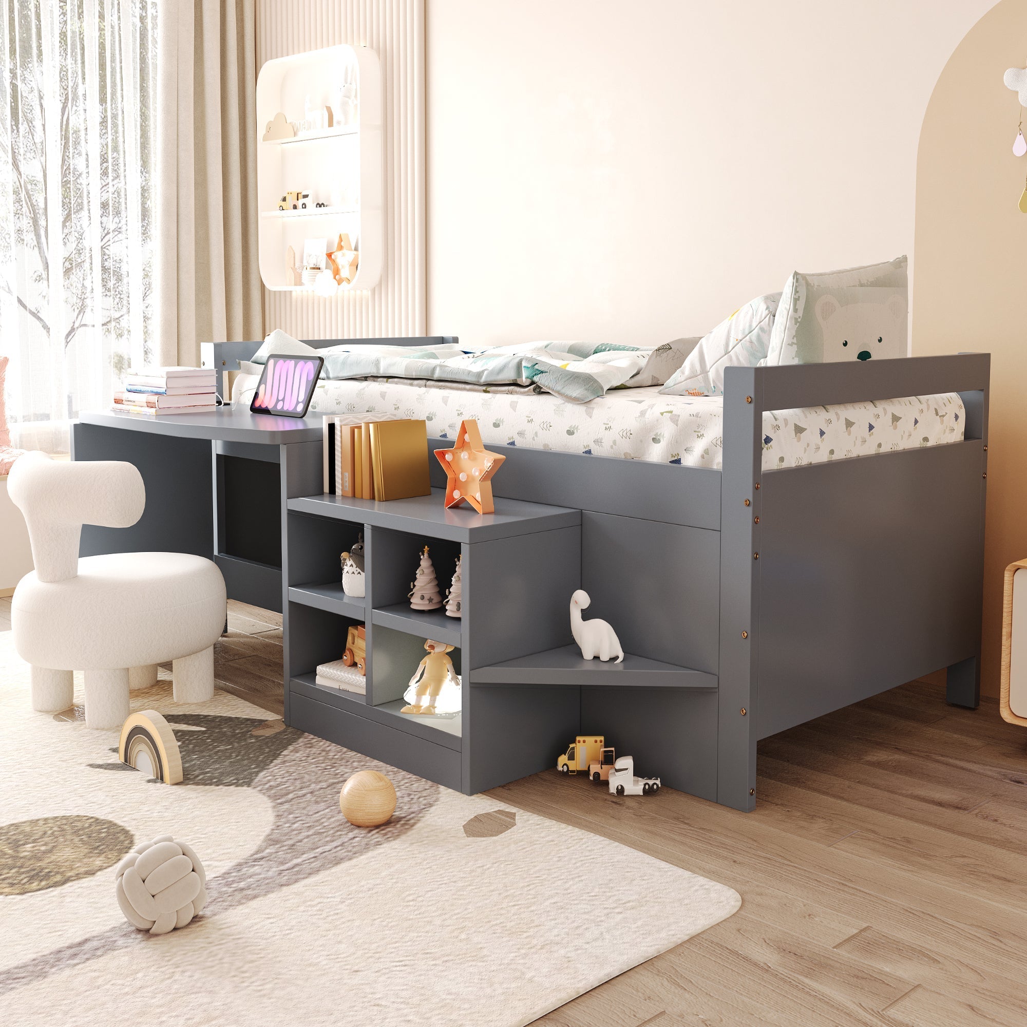 Children's Bed with Storage, Desk and European Sockets, 90x200cm, Grey Wood