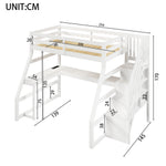 Wooden Loft Bed 90x200 with Desk, LED, USB & Storage Stairs, White