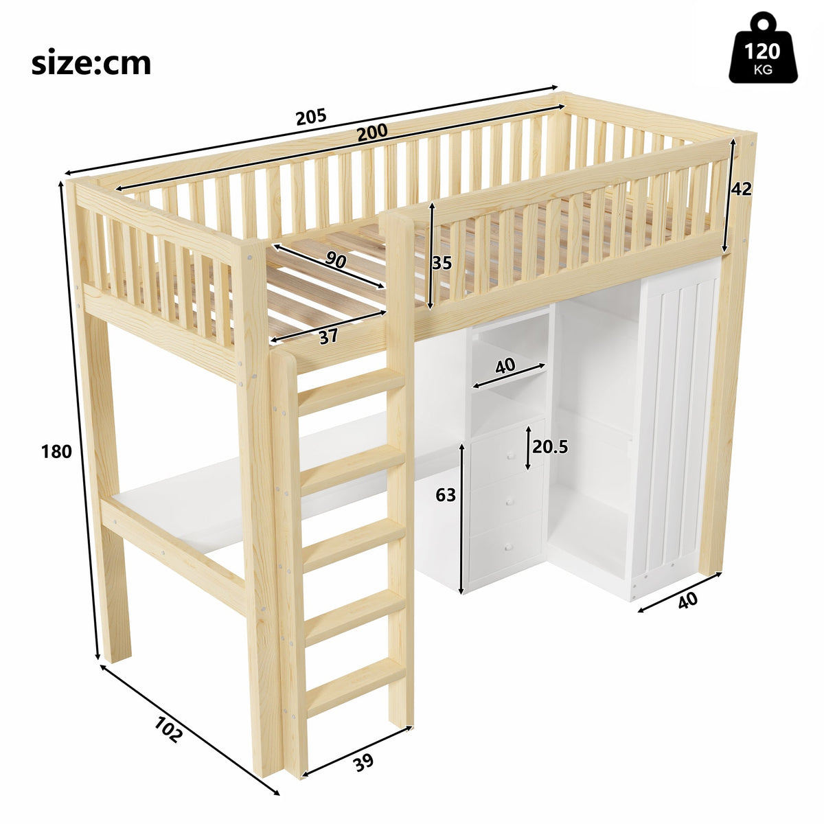 Loft Bed with Desk, Wardrobe and 3 Drawers, Natural