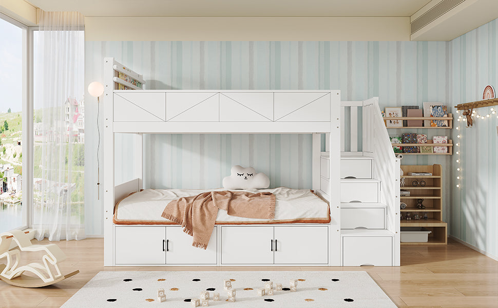 Bunk Bed 90x200 cm with Storage Stairs & Bookshelf, White
