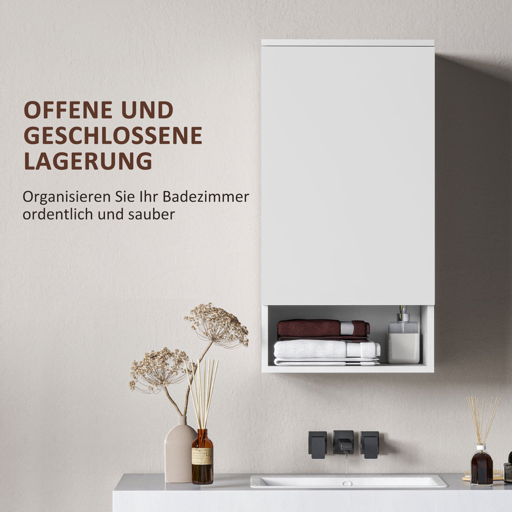 Wall Cabinet with Doors, Adjustable Shelves, Open Compartment, Wall Mounted, White