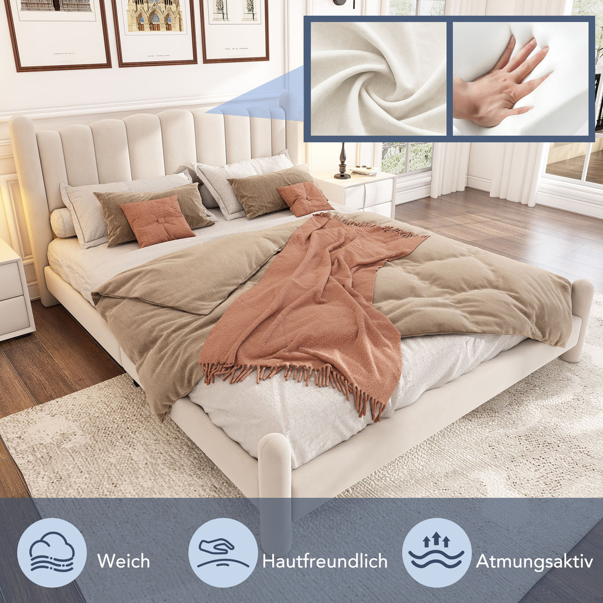 Upholstered Bed 180x200cm with Slatted Frame, Beige Velvet