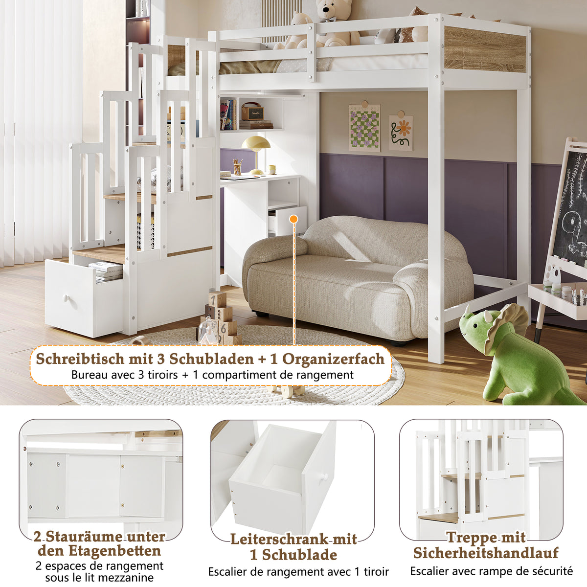 Wooden Mid-Sleeper Bed 90x200cm with Desk & Drawers, White & Natural