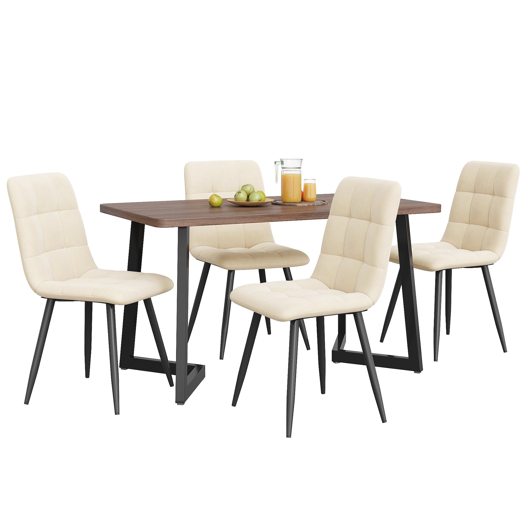 5-Piece Dining Set Modern Wood Grain Table 4 Chairs Black Metal Walnut/Beige Velvet
