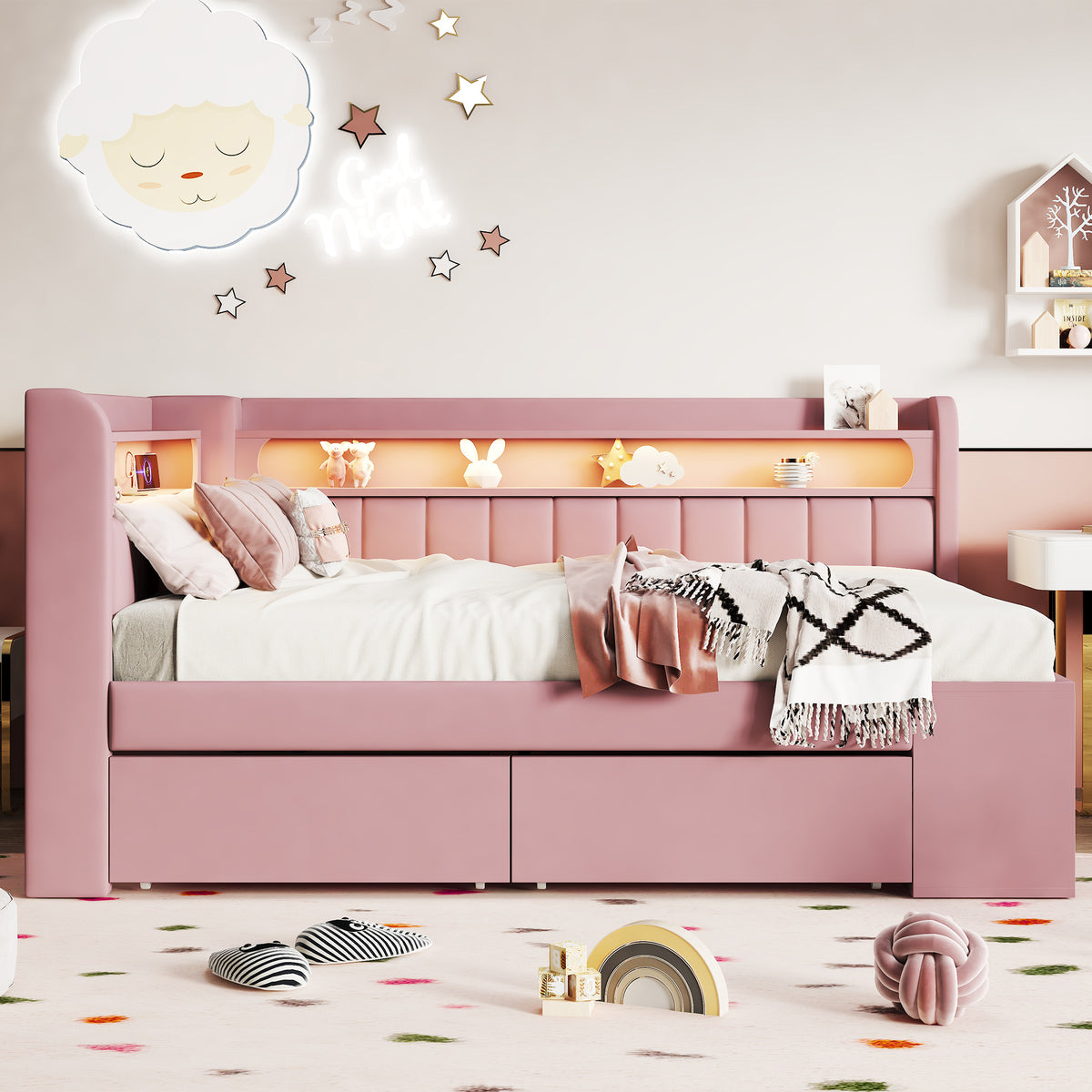 Upholstered Sofa Bed 90x200cm with Drawers & USB, Pink